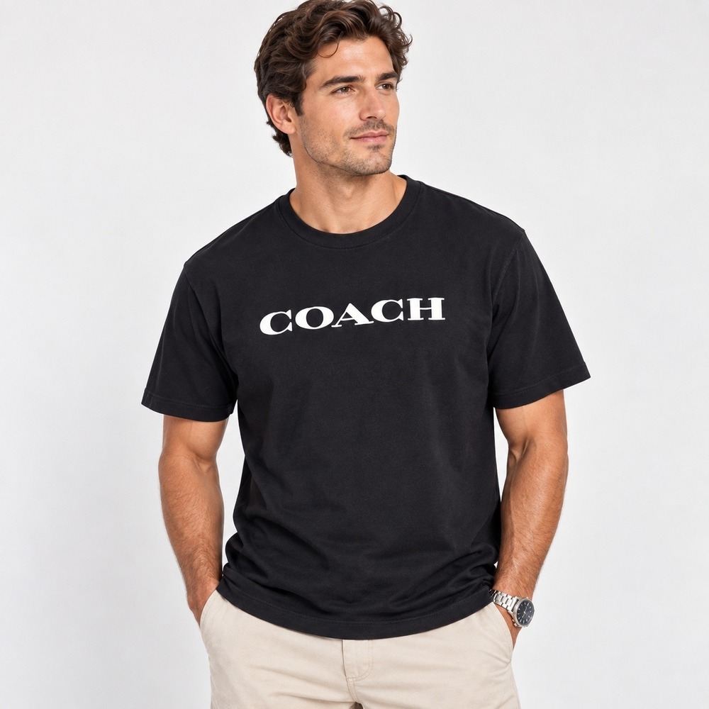 Coach Essential T-Shirt Men L Black Logo Print Quiet Luxury Designer Minimal S/S